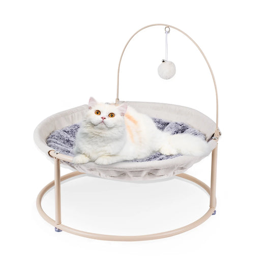 Cat Hammocks, Cat Beds with Bouncy Ball & Bell, Detachable Pet Hammock Bed, Portable Indoor/Outdoor Pet Bed, Soft & Comfortable Elevated Cat Bed for Cats and Small Dogs, Off-White