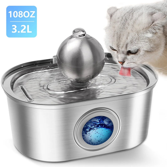 Cat Water Fountain Stainless Steel, 3.2L/108Oz Stainless Steel Pet Water Drinking Fountain for Cats Indoor, Dog Water Fountain with Water Level Window